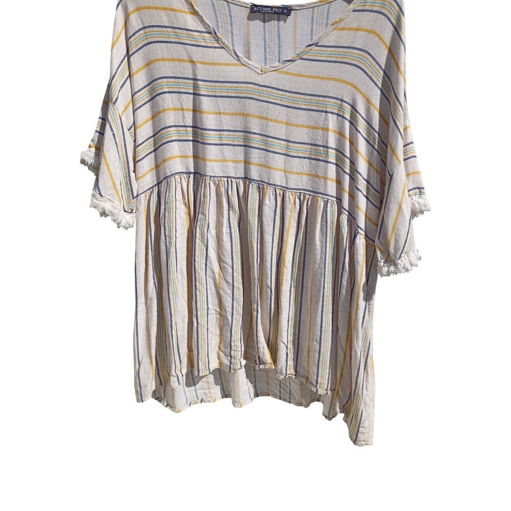 Acting Pro Yellow and Cream Striped Blouse Women's XL